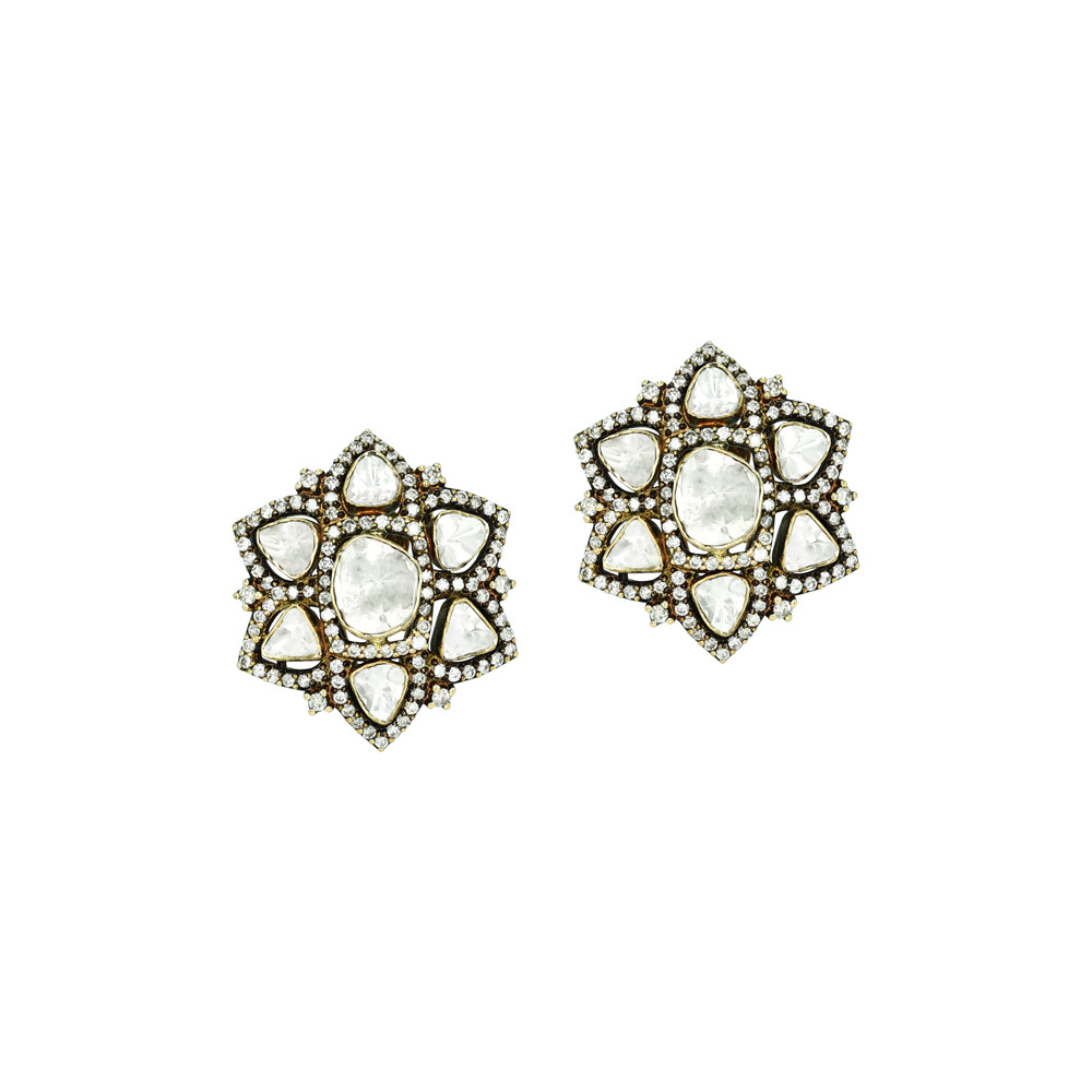 Antique-Finish Polki Floral Earrings